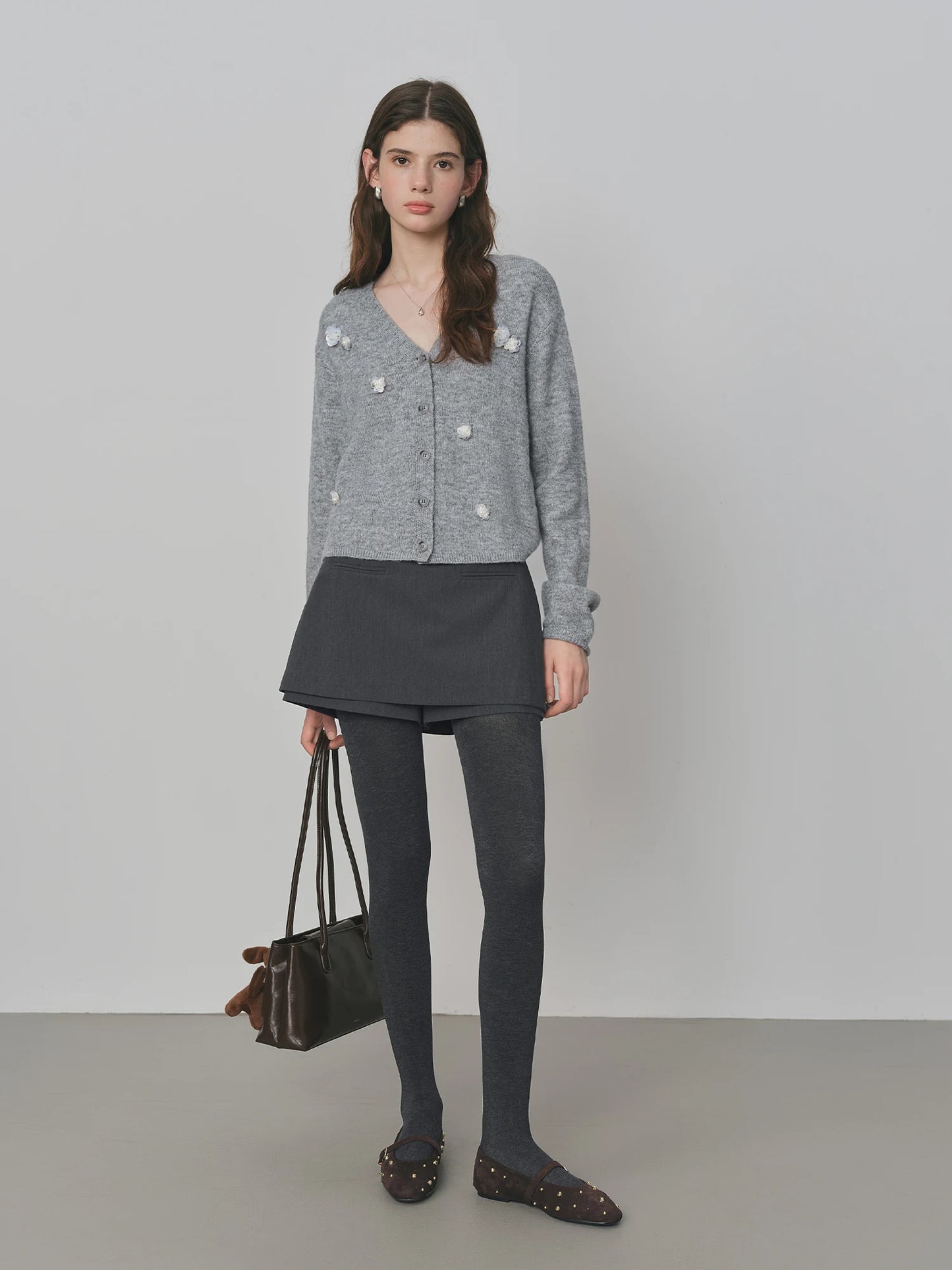 Grey Floral Beaded V Neck Cardigan