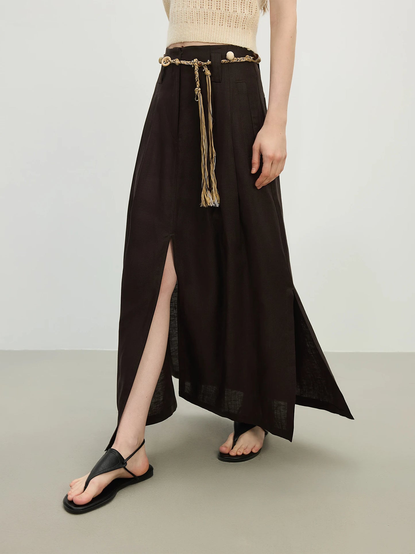 Brown Drawstring Sheer Maxi Skirt