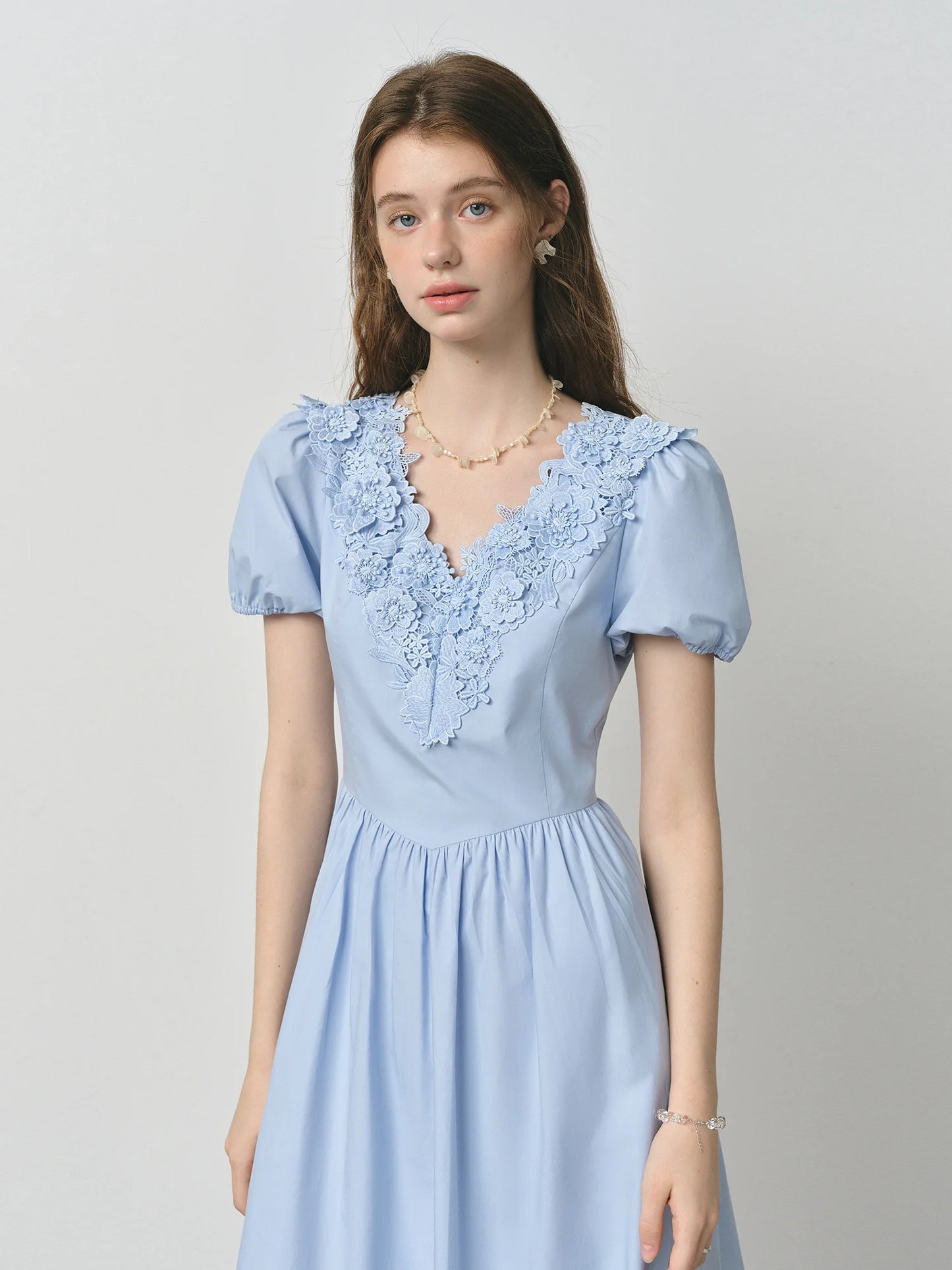 Pale Blue Lace V-Neck Midi Dress
