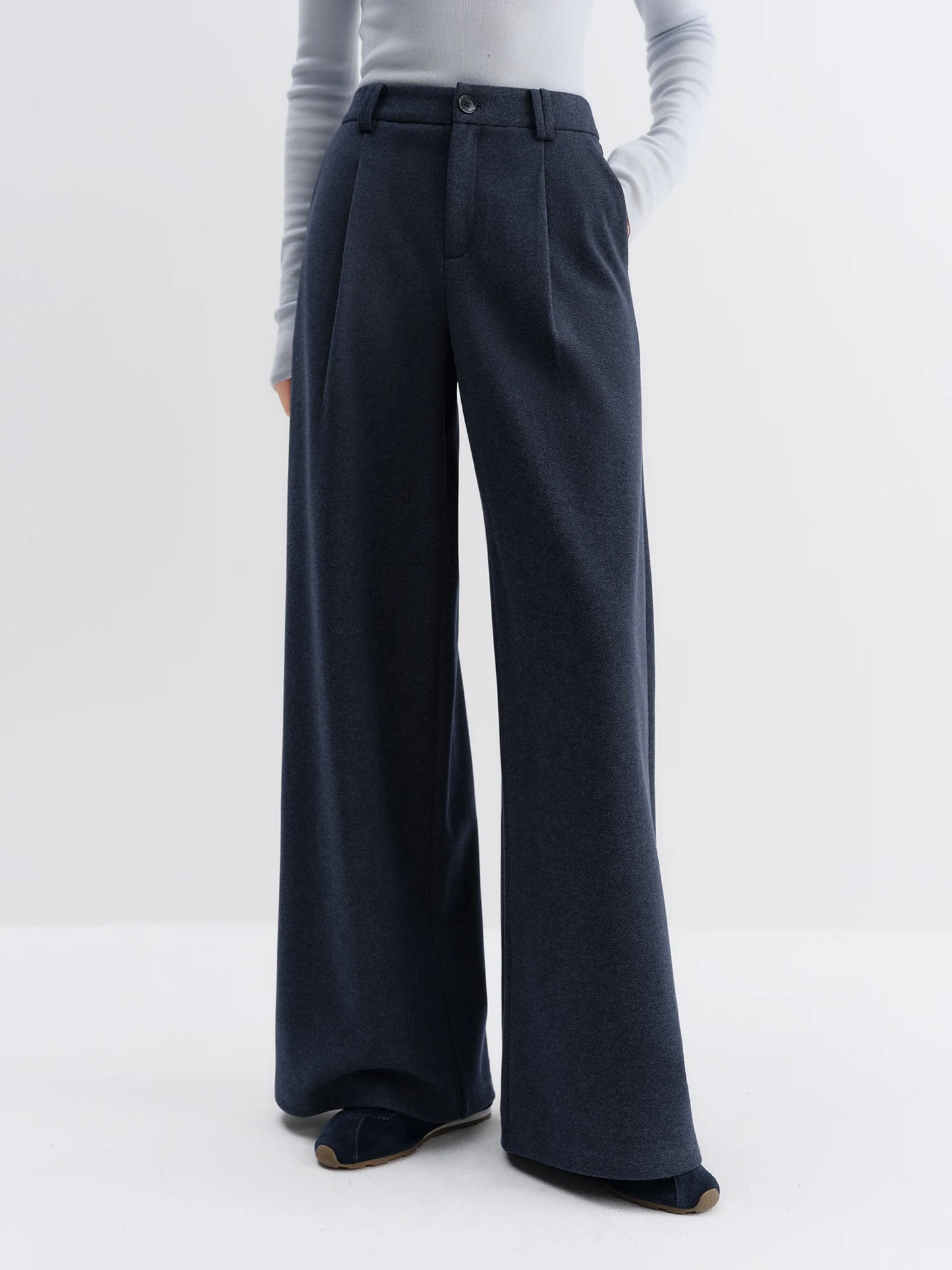 Navy Wool Wide Leg Trousers