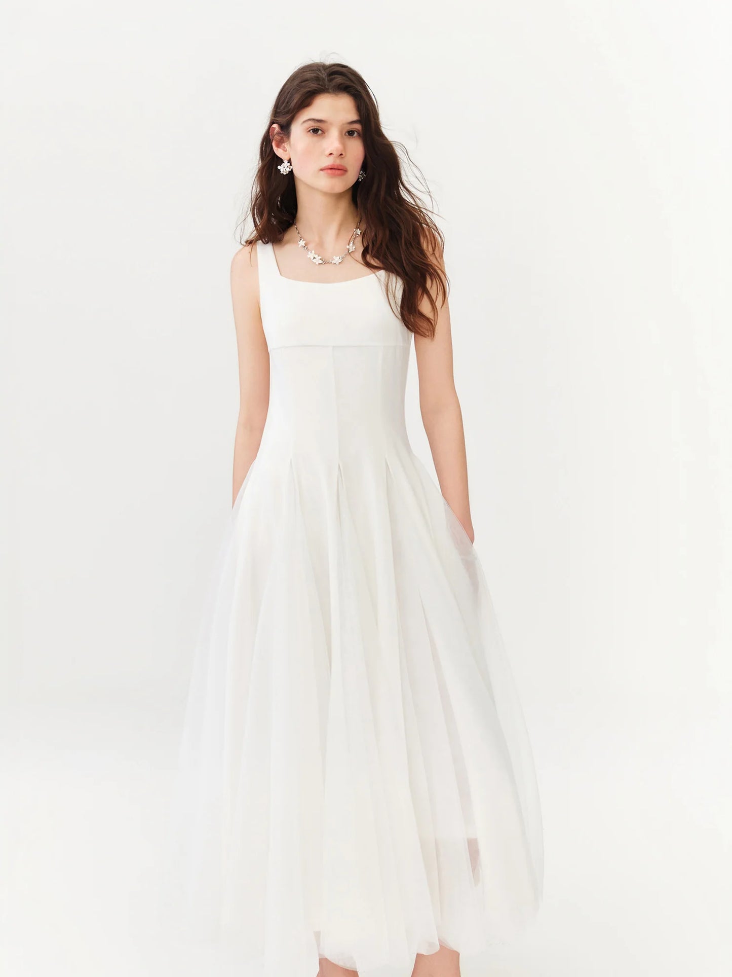 White Tulle Square Neck Maxi Dress