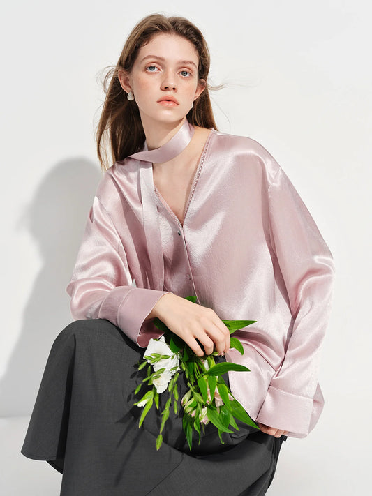 Blush Satin Bow Neck Blouse