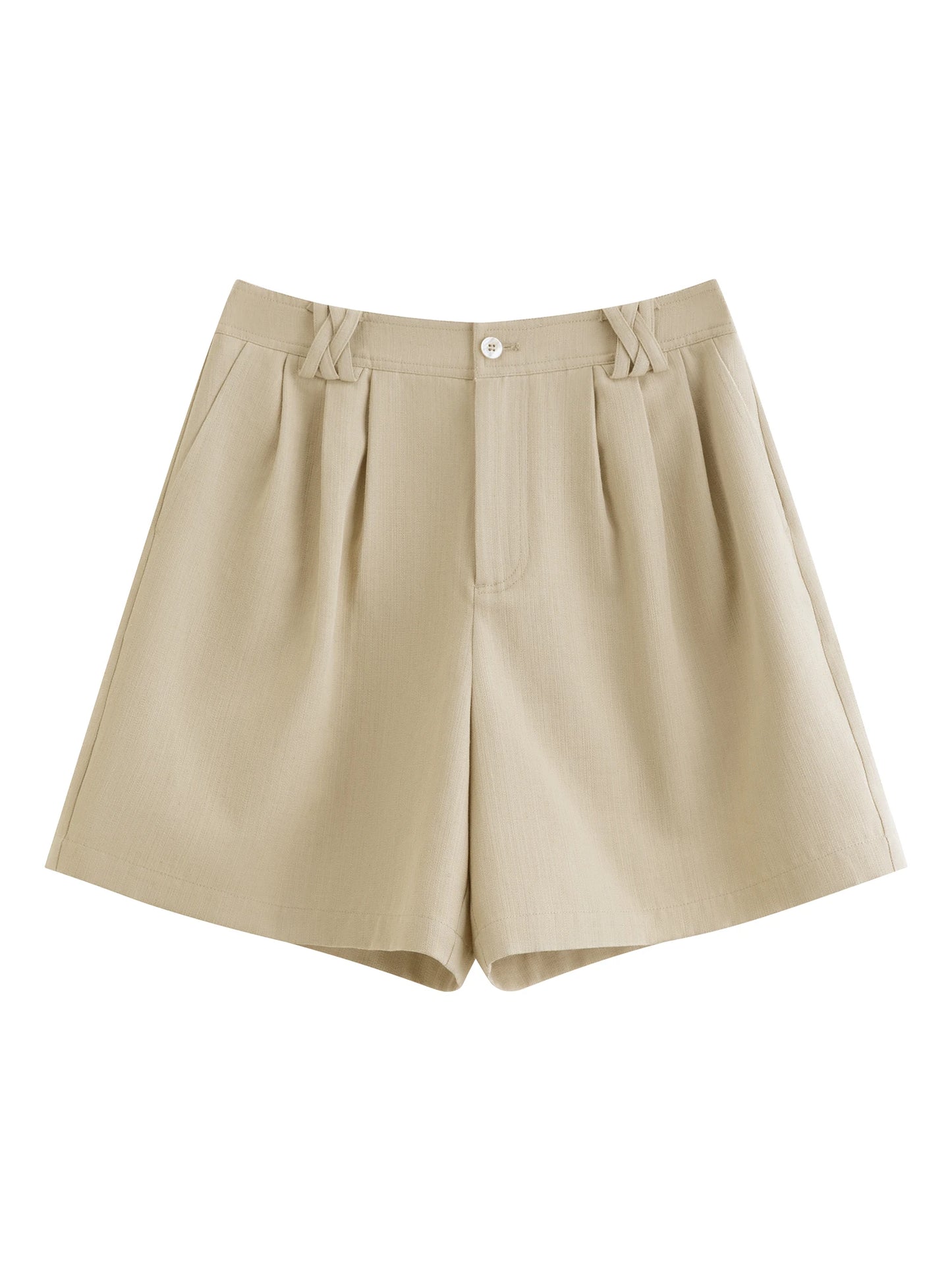 Beige Pleated Linen Blend Shorts