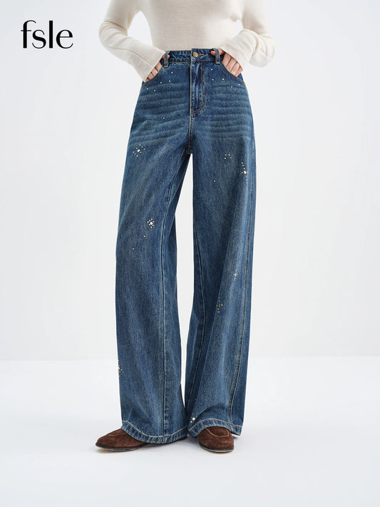 Medium Wash Rhinestone Wide Leg Jeans