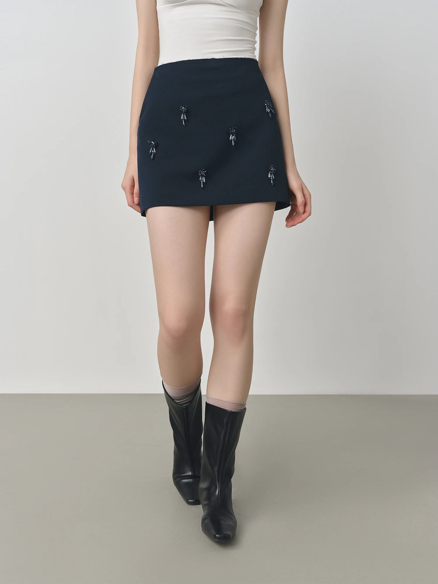 Navy Beaded A-Line Mini Skirt