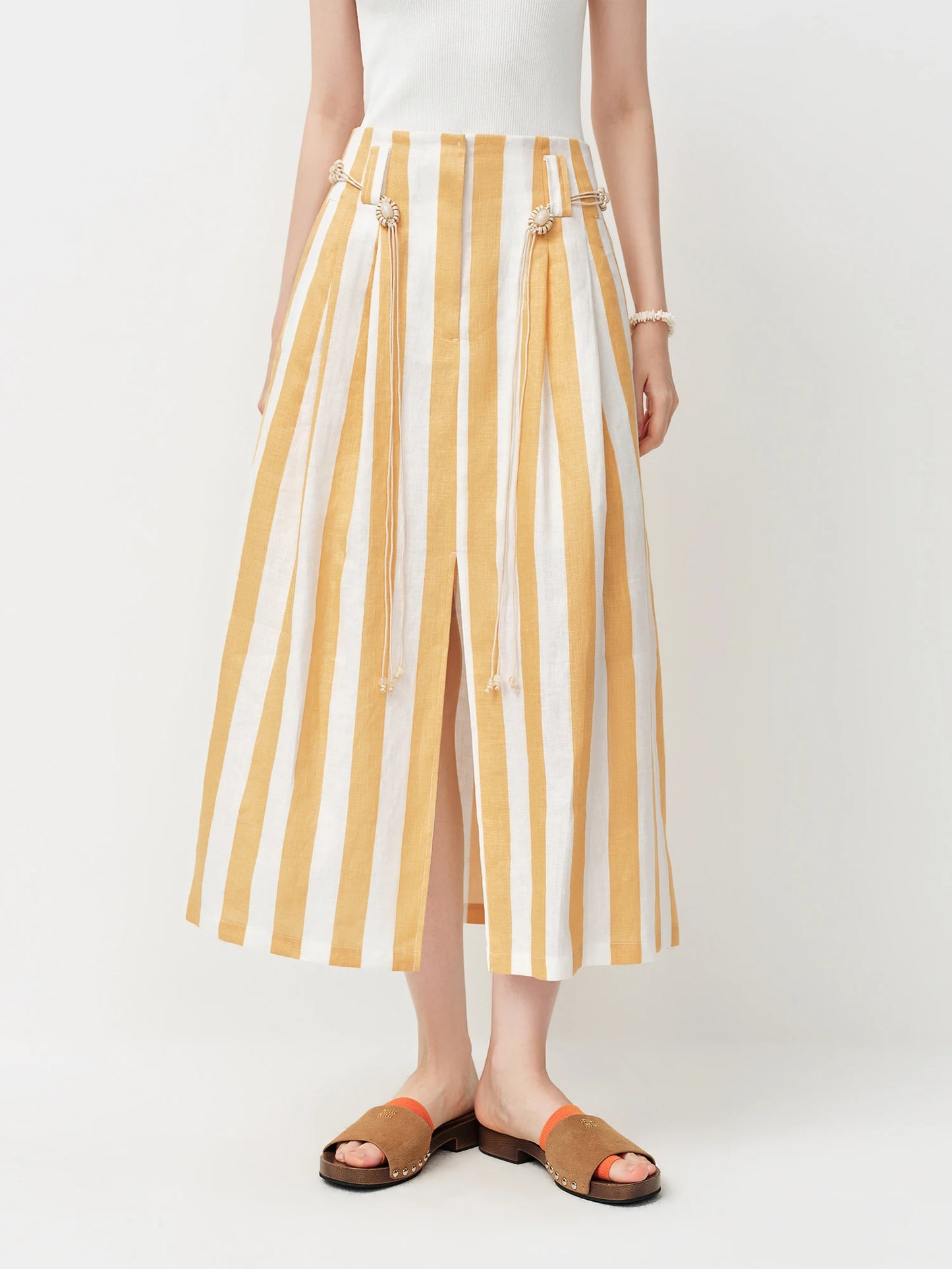 Yellow Striped Pleated Midi Skirt