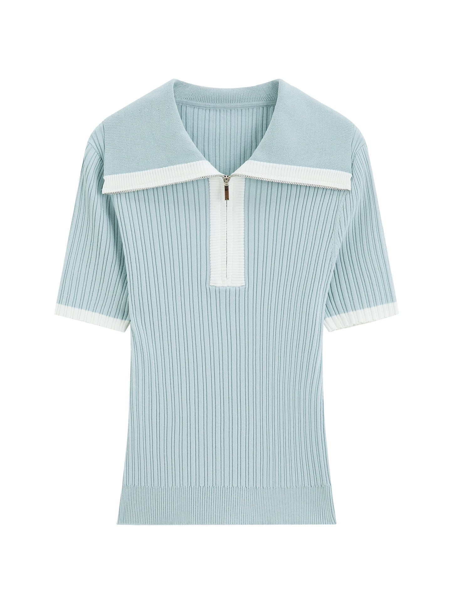 Powder Blue Contrast Collar Ribbed Knit Top