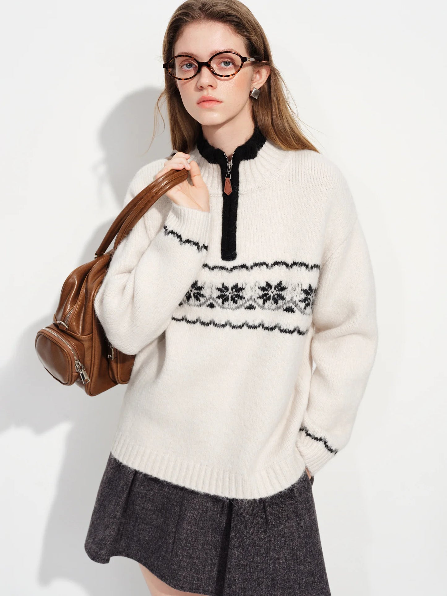Ivory Fair Isle Half Zip Sweater