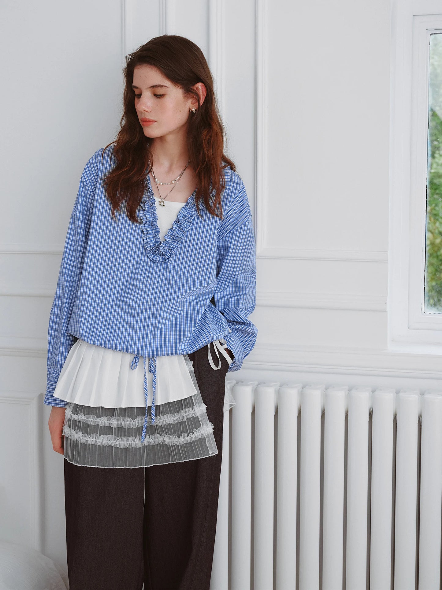 Blue Ruffle Collar Relaxed Pullover Blouse