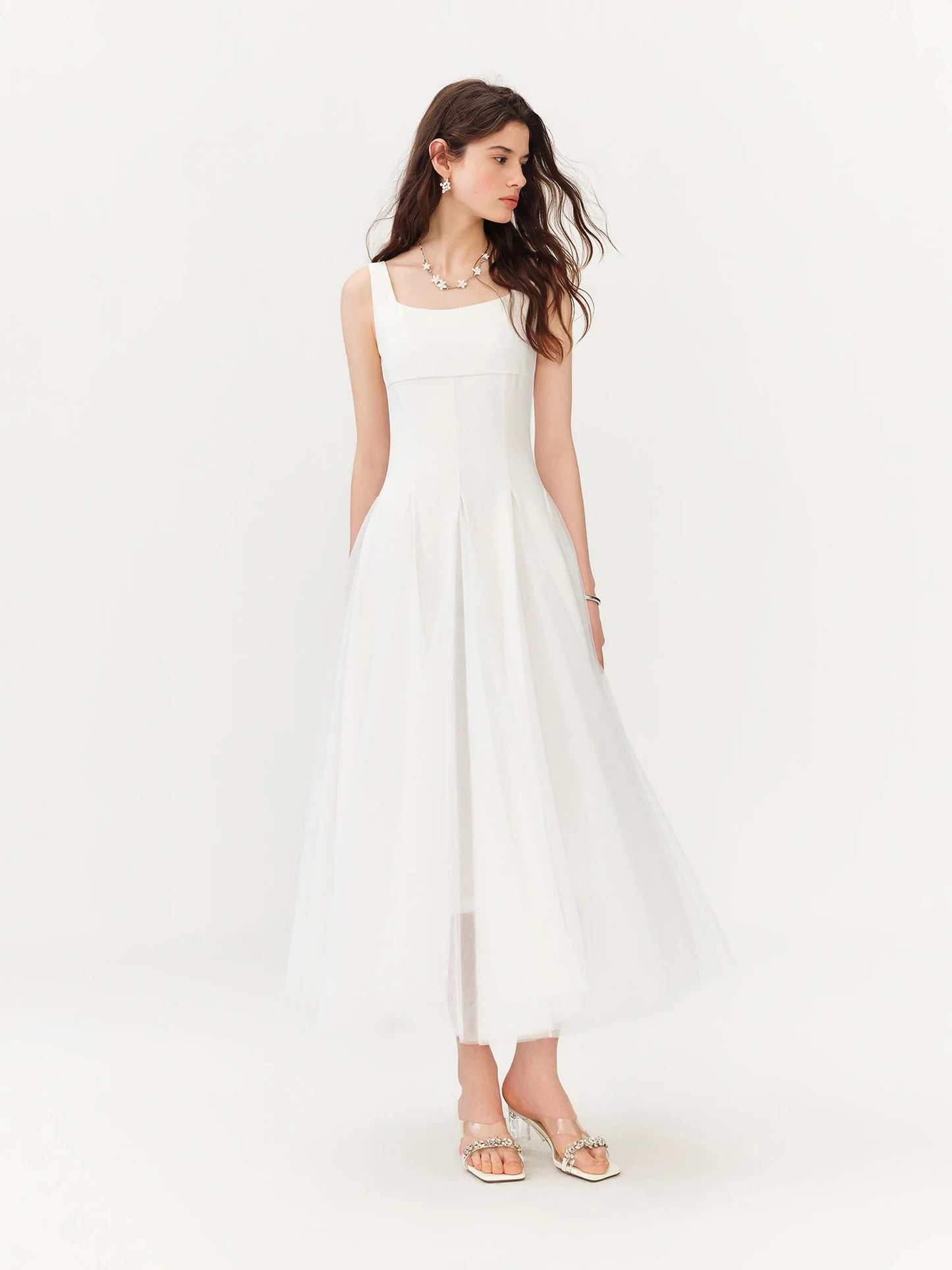 White Tulle Square Neck Maxi Dress