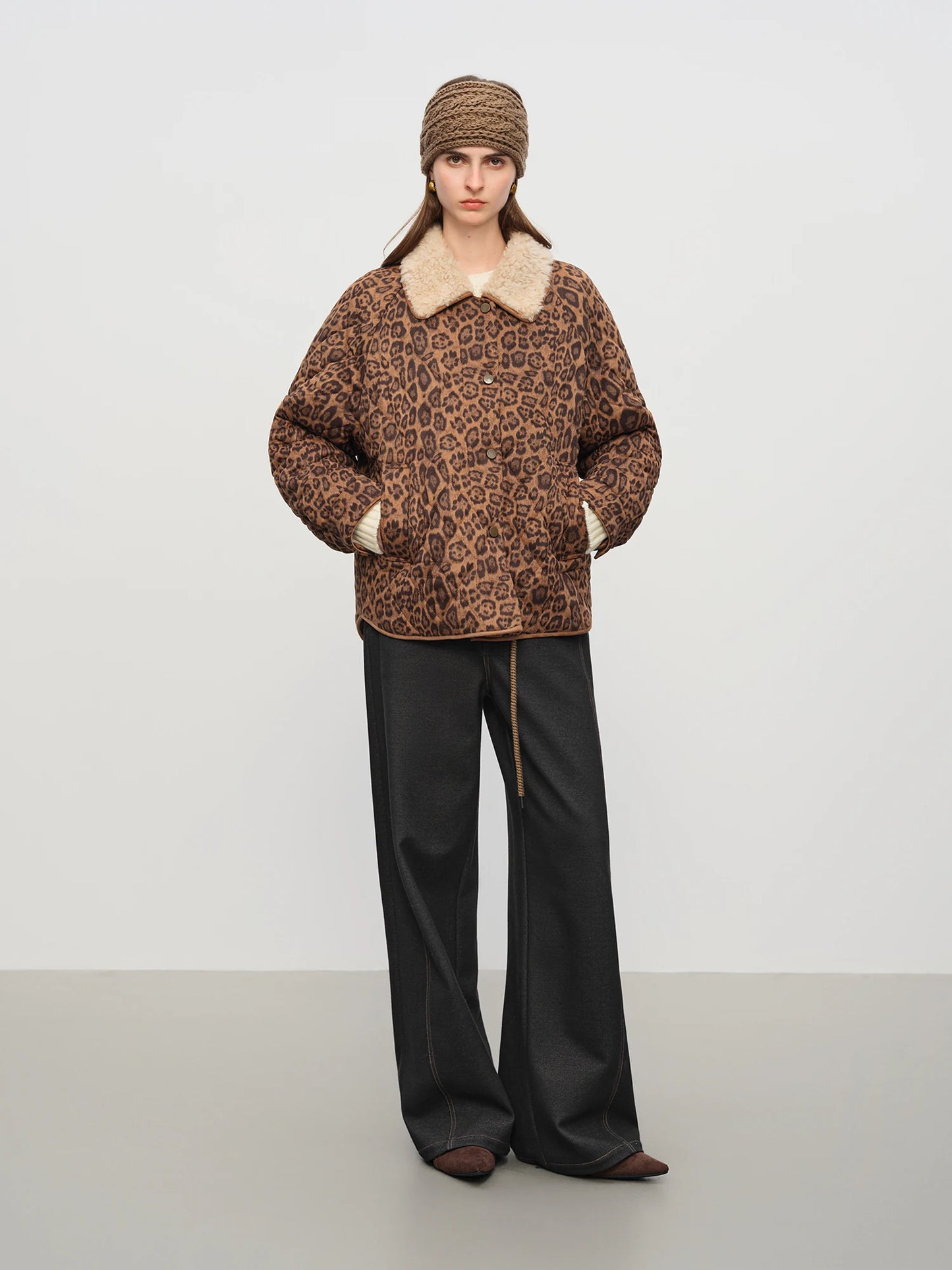 Brown Leopard Sherpa Collar Jacket