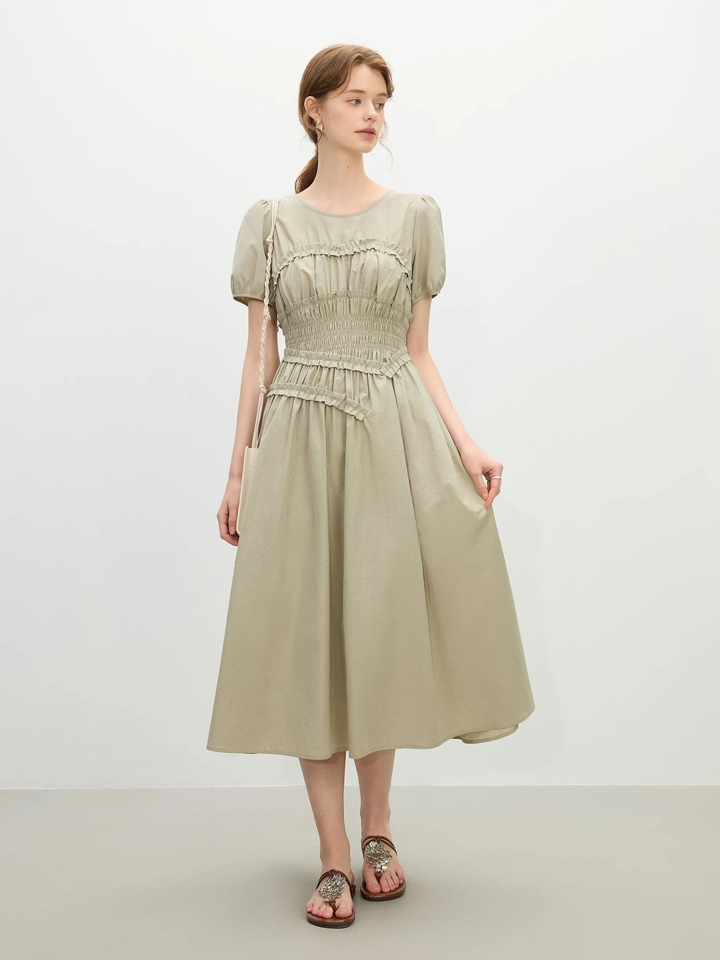 Sage Smocked Waist Midi Dress