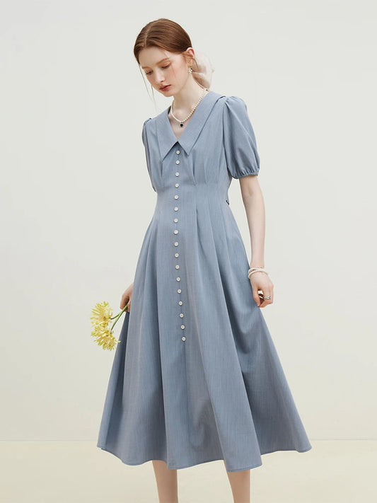 Dusty Blue Button Front Midi Dress
