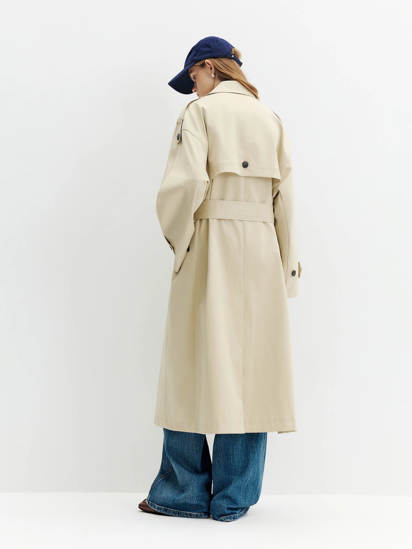 Ivory Double Breasted Belted Long Trench