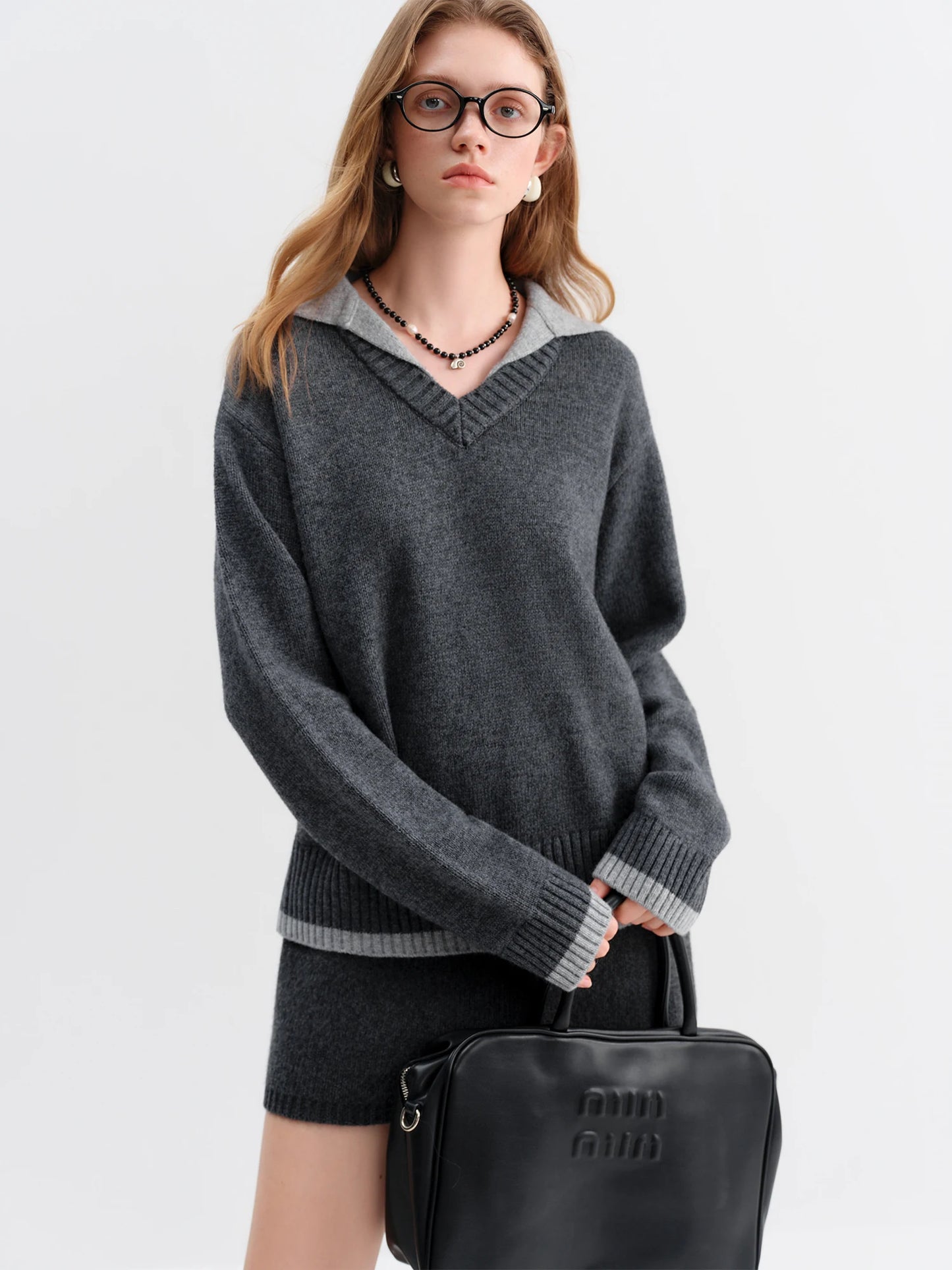 Charcoal Layered Collar Knit Sweater