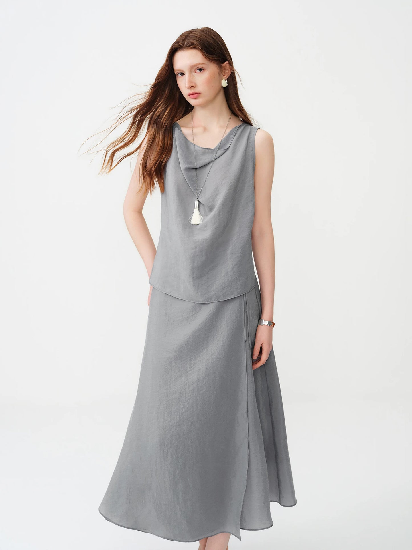 Ivory Draped Sleeveless Midi Dress
