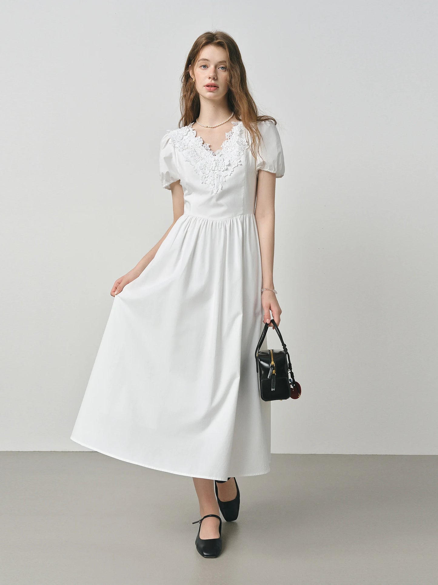 Pale Blue Lace V-Neck Midi Dress