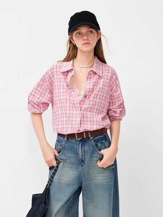 Pink Gingham Puff Sleeve Shirt