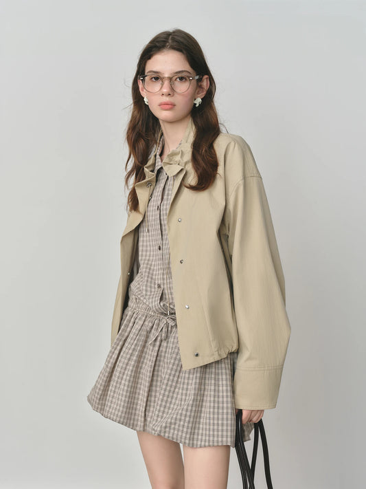 Beige Puff Sleeve Bomber Jacket