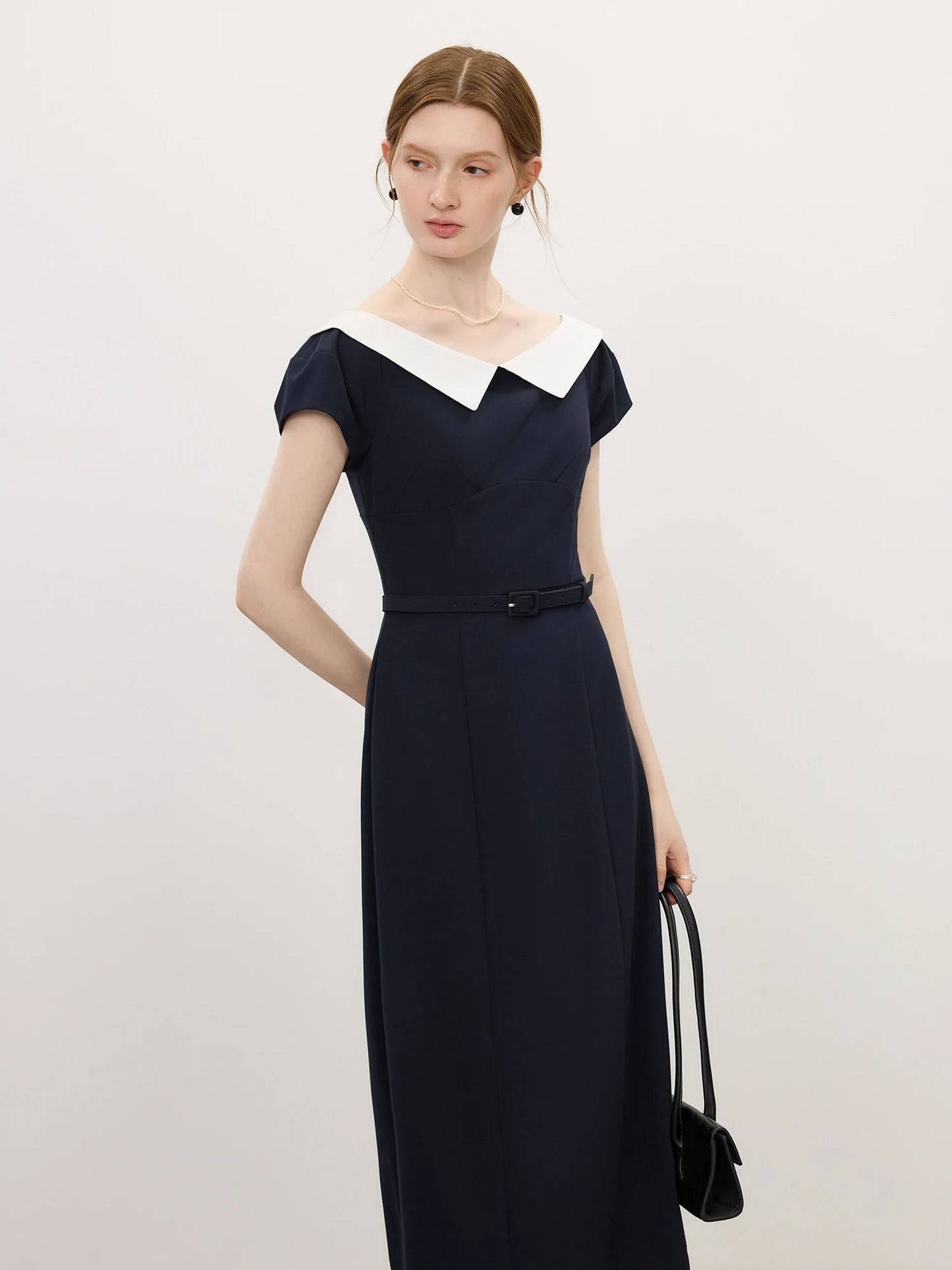 Navy Contrast Collar Midi Dress