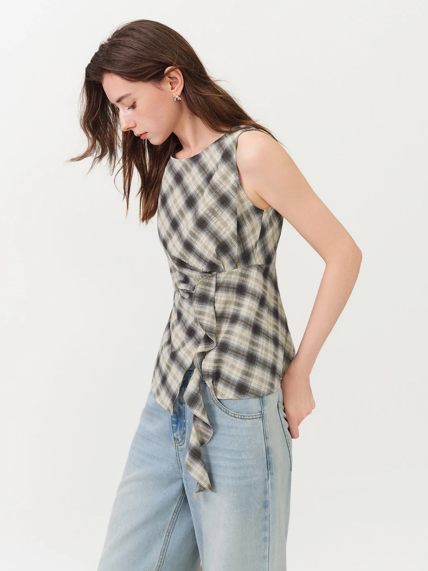 Beige Plaid Tie Waist Sleeveless Blouse