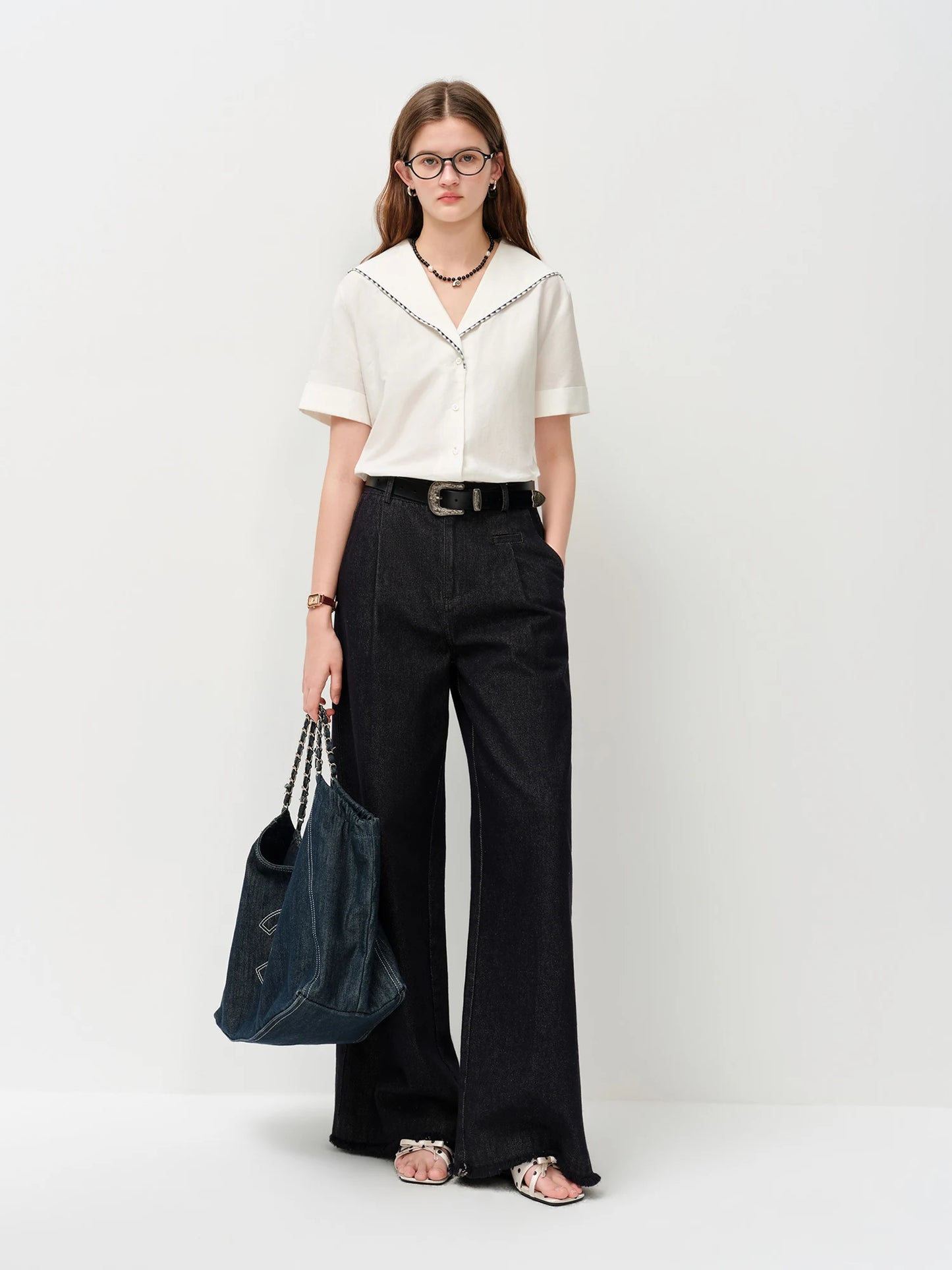 White Sailor Collar Embroidered Shirt