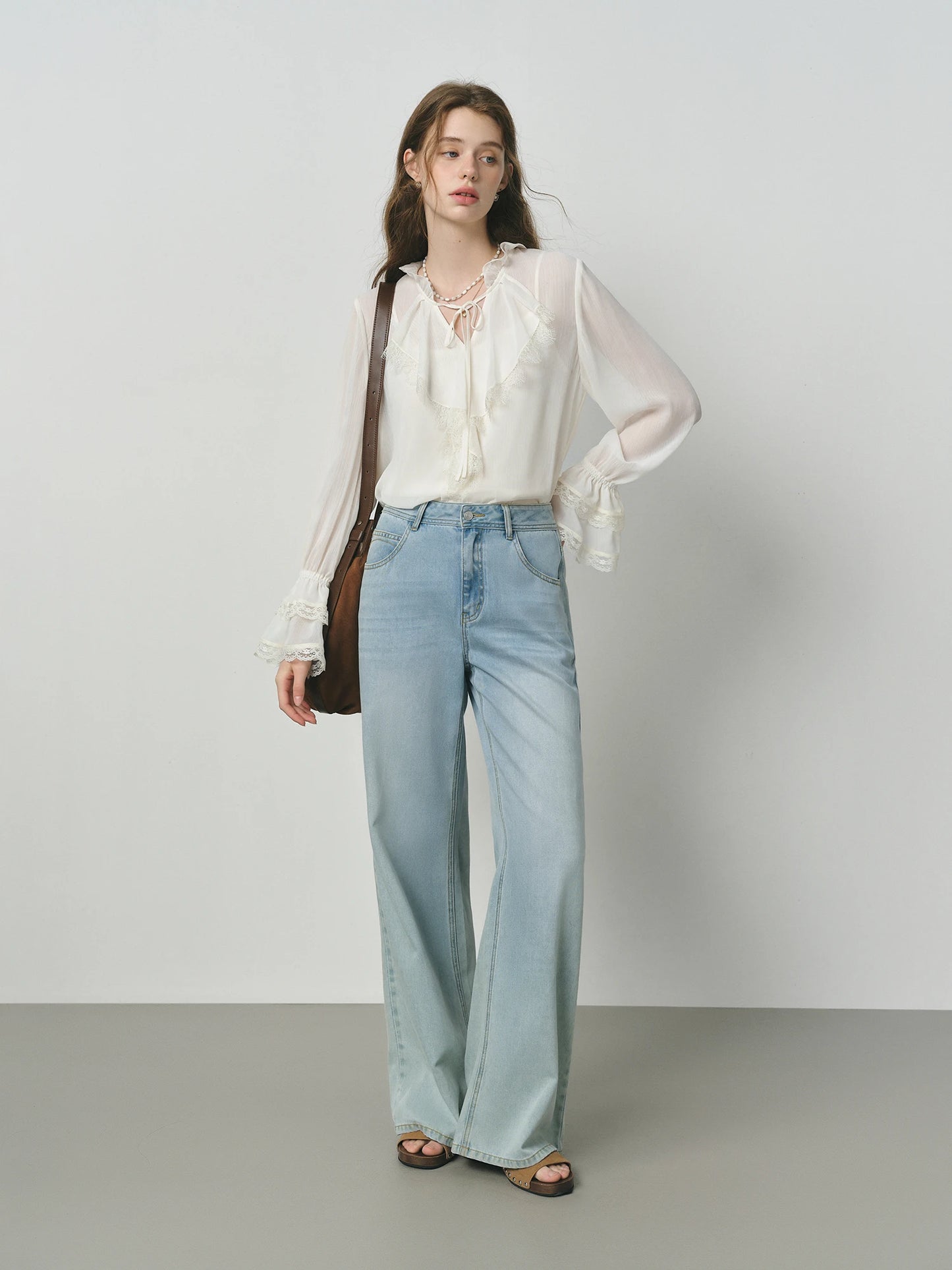 Ivory Bow Neck Lace Cuff Blouse