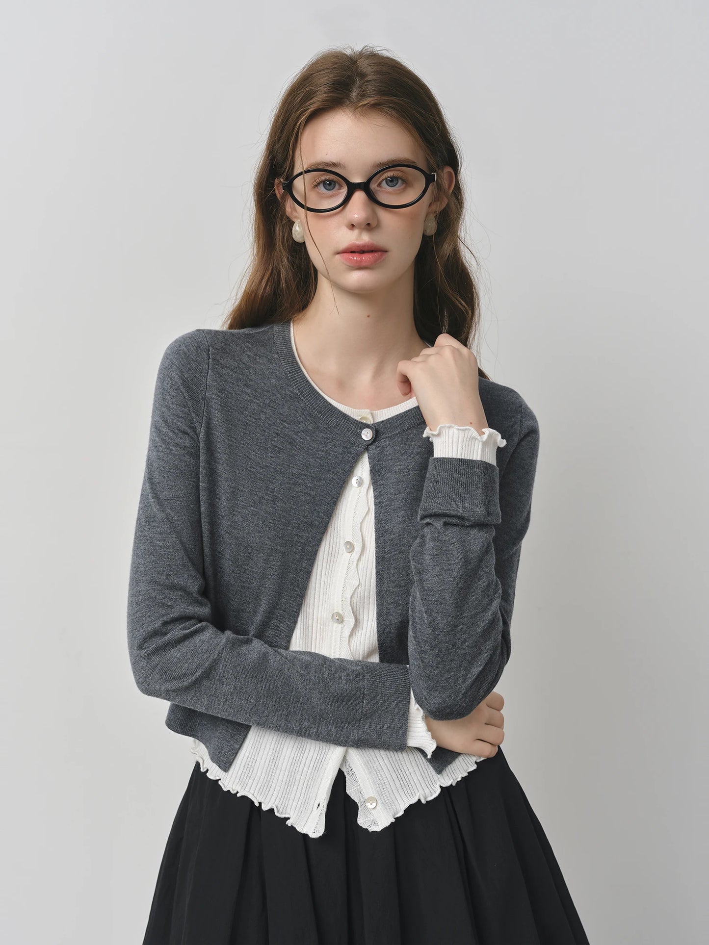 Charcoal Layered Shirt Knit Cardigan