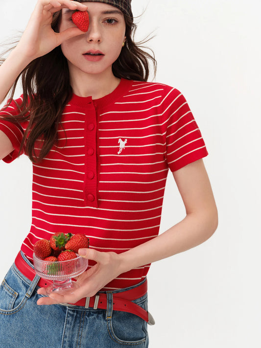 Red Striped Tie Neck Polo Top