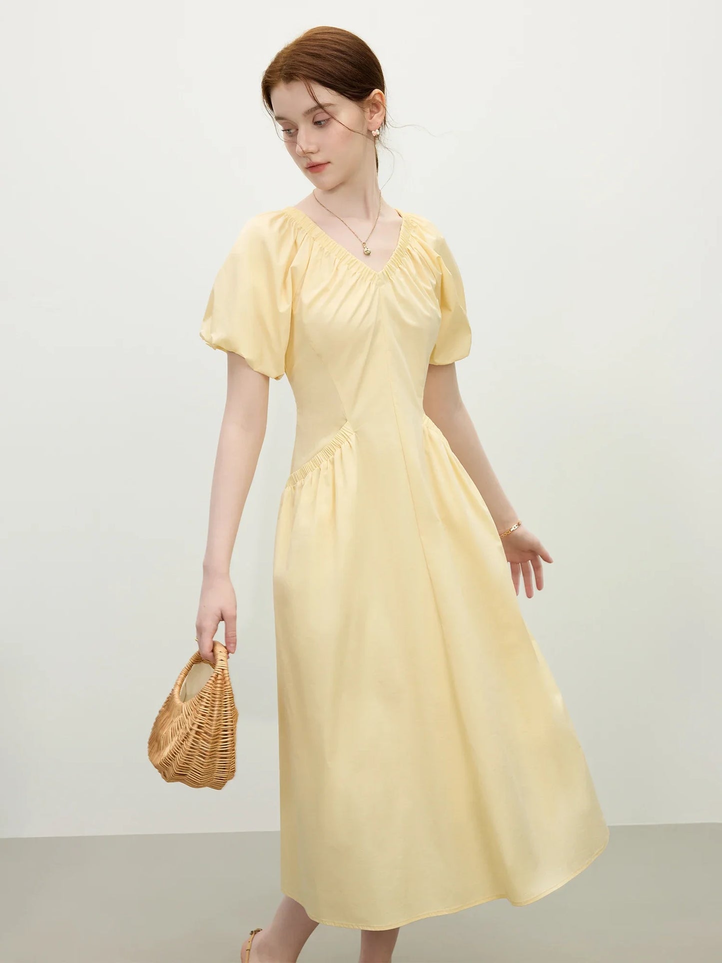 Butter Yellow Puff Sleeve Midi Dress