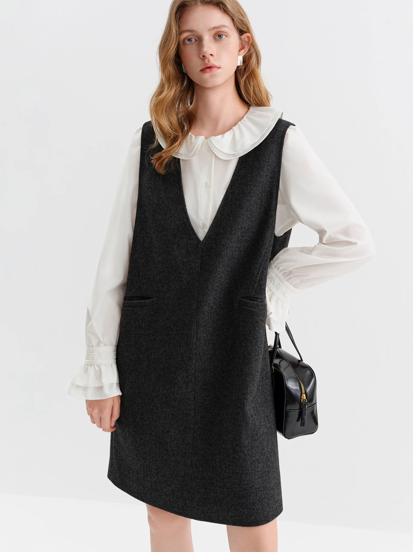 Charcoal V-Neck Wool Mini Dress