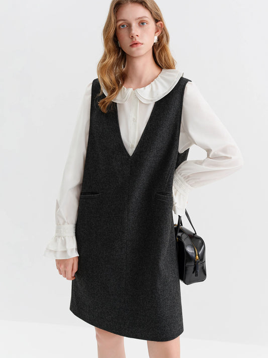 Charcoal V-Neck Wool Mini Dress