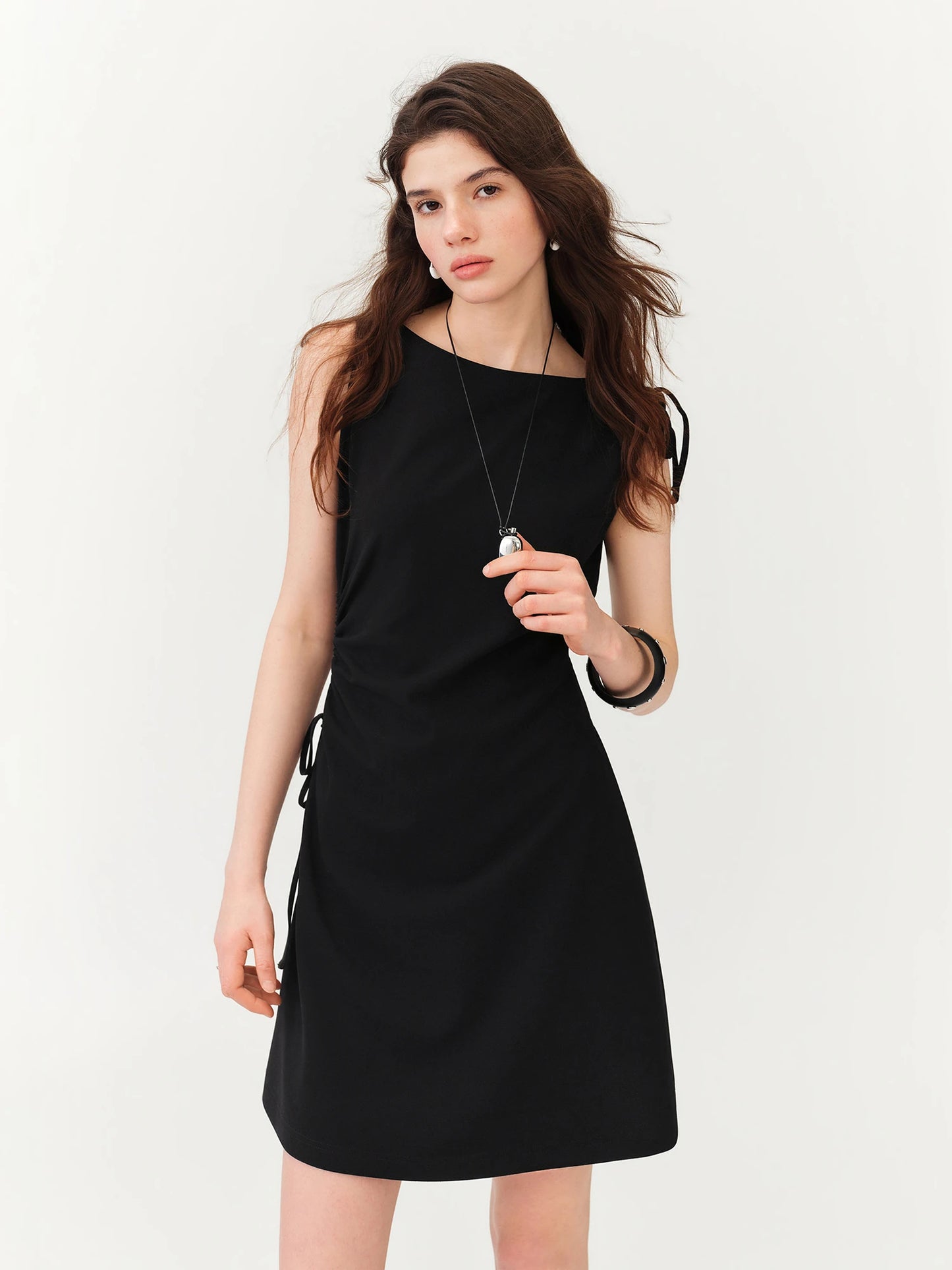 Black Drawstring Sleeveless Mini Dress