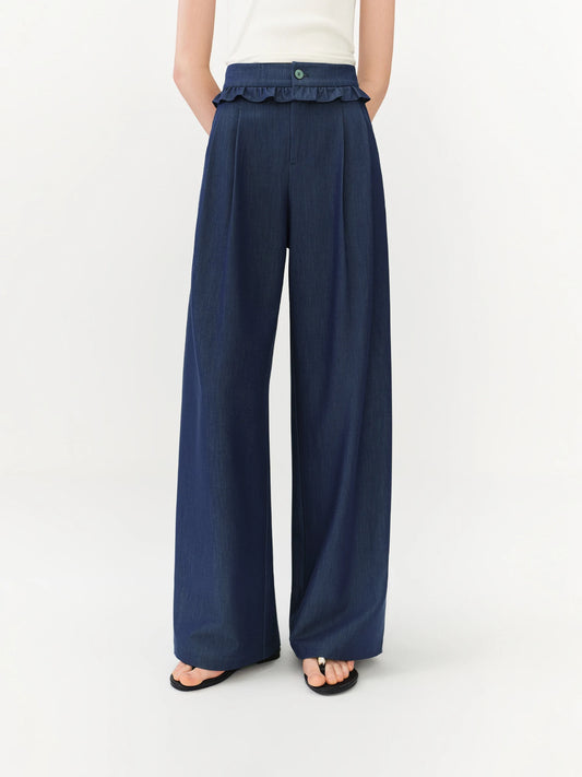 Navy Ruffle Waist Wide Leg Pants