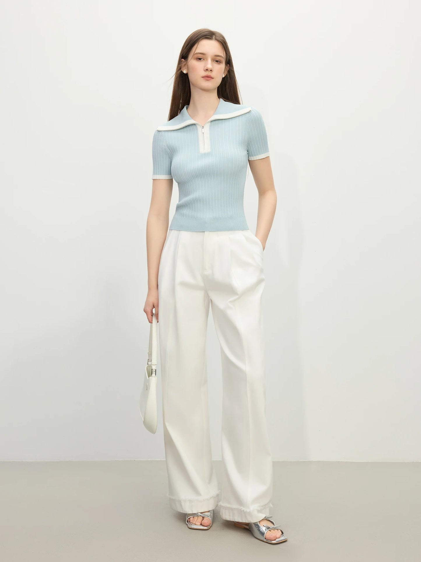 Powder Blue Contrast Collar Ribbed Knit Top