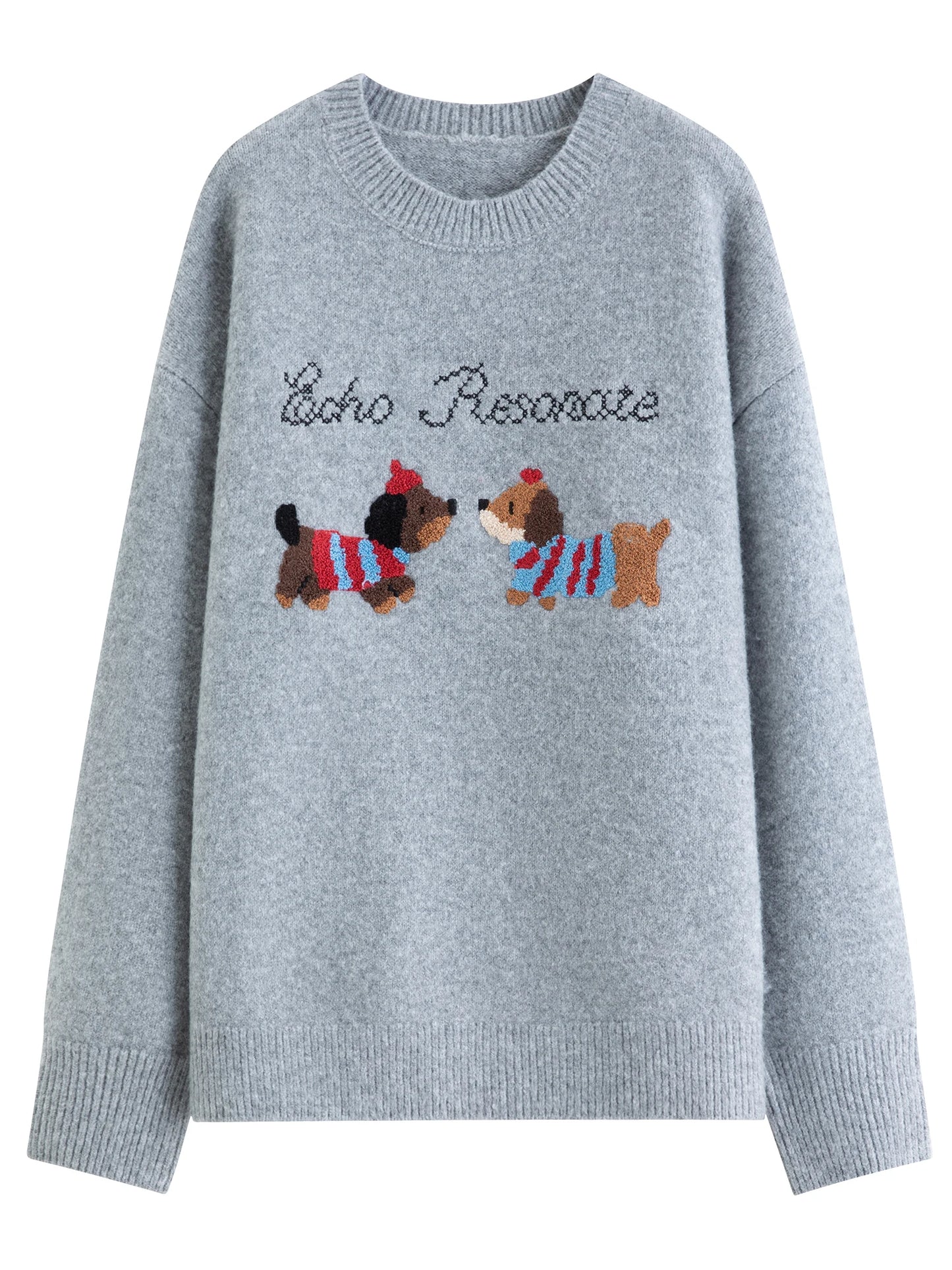 Grey Puppy Embroidered Knit Sweater