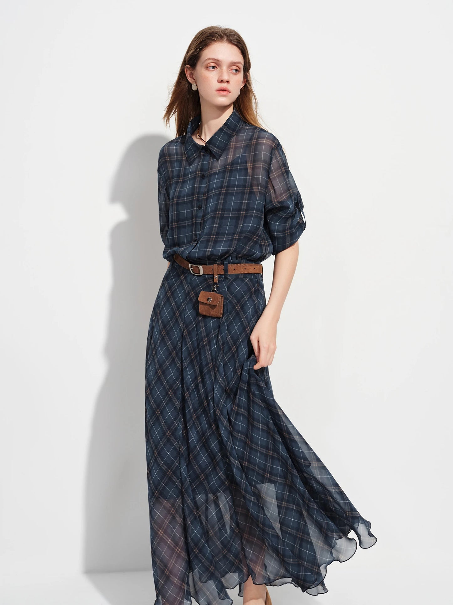 Navy Plaid Belted Shirt Maxi Dress