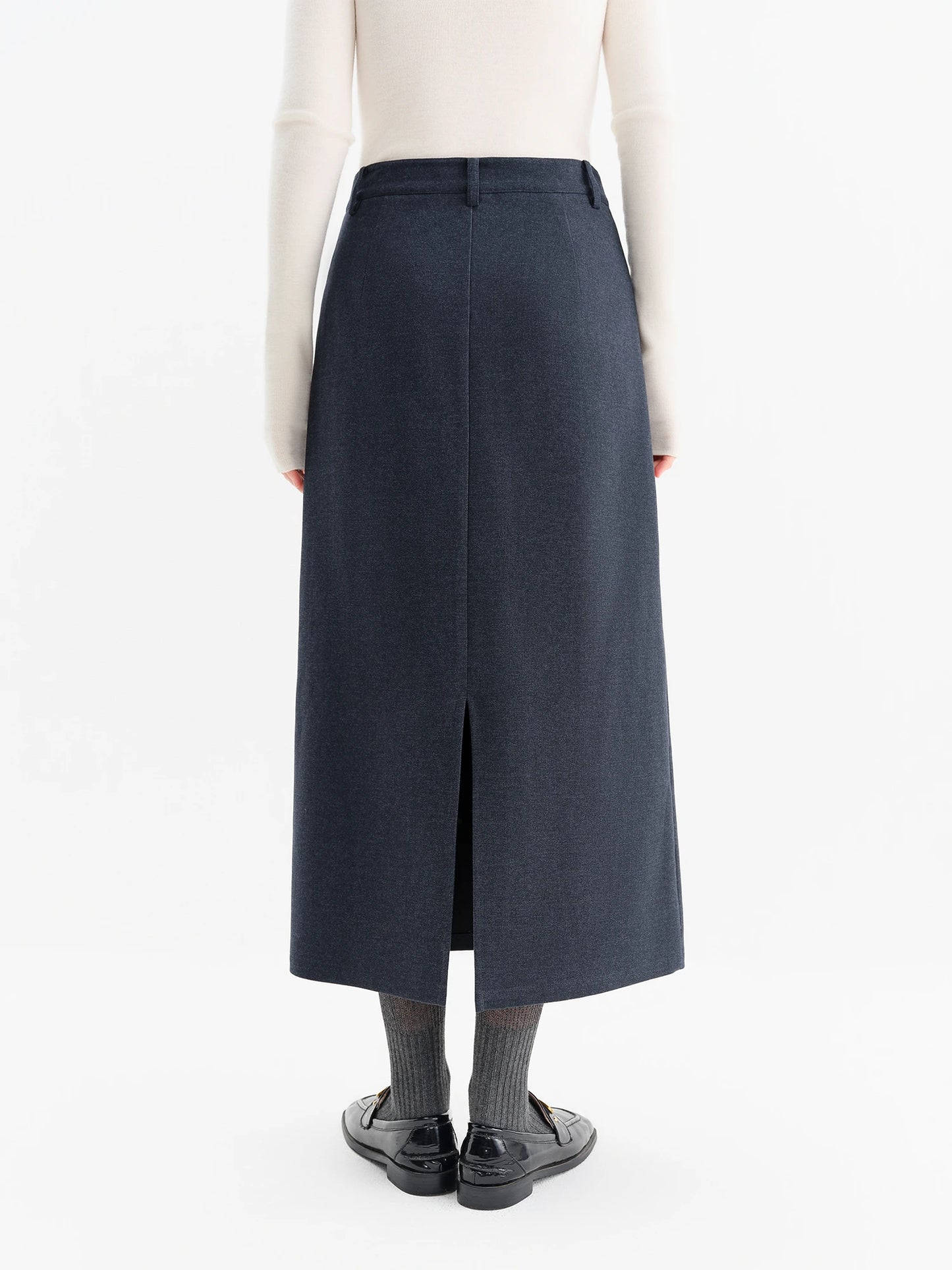 Navy Rivet Denim A-Line Midi Skirt
