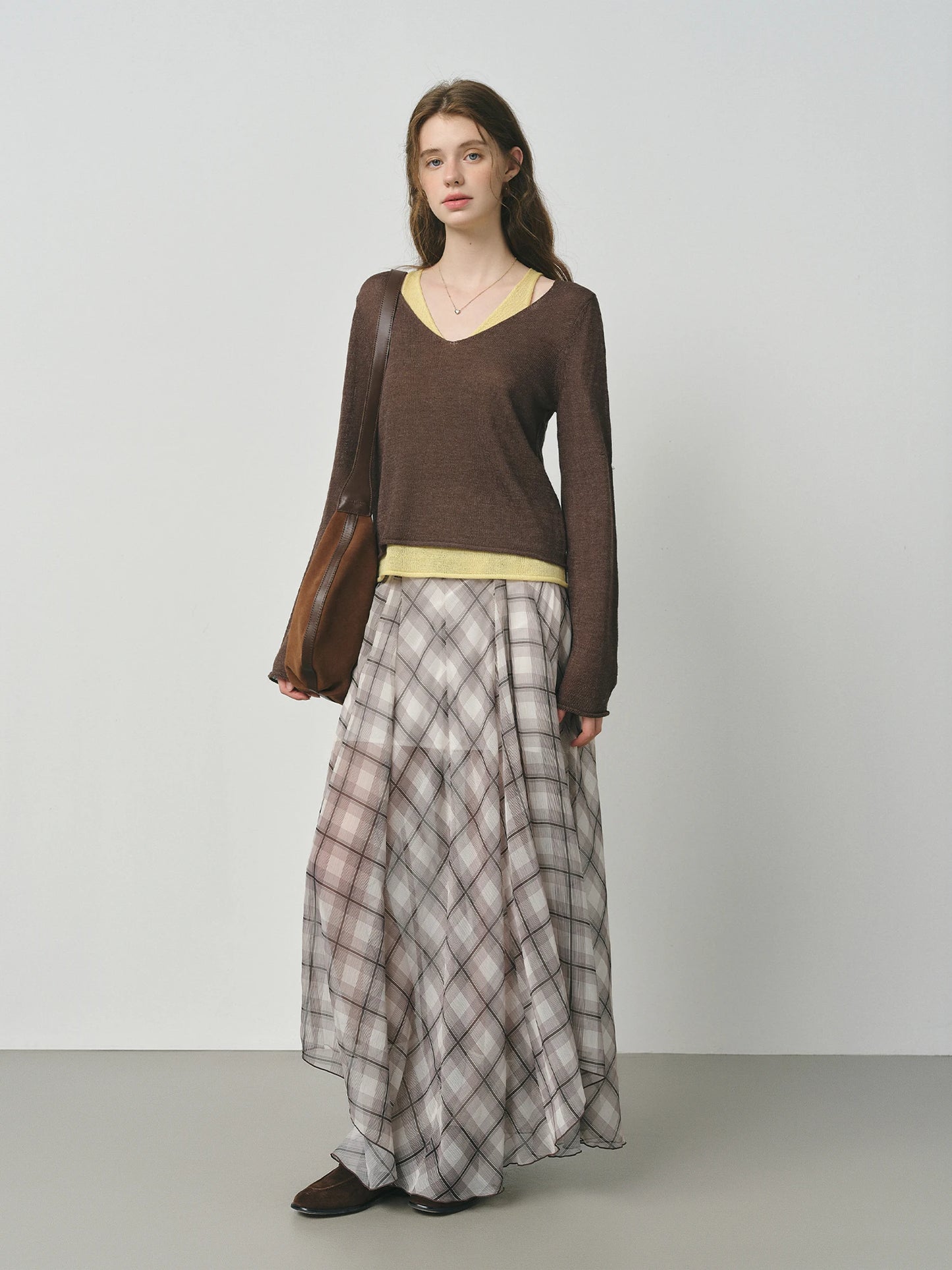 Chocolate Contrast Neck Sheer Knit Top