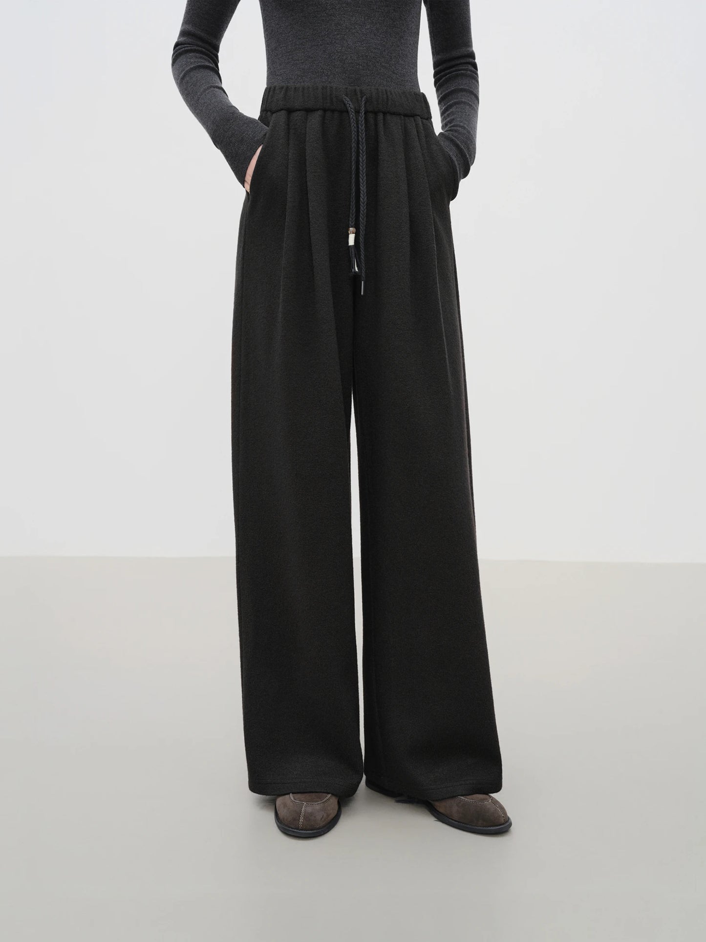 Charcoal Drawstring Wool Wide Leg Pants