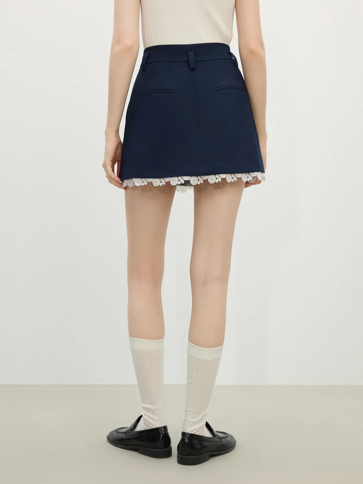 Navy Lace Trim Pleated Mini Skirt