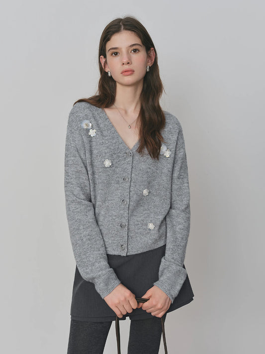 Grey Floral Beaded V Neck Cardigan
