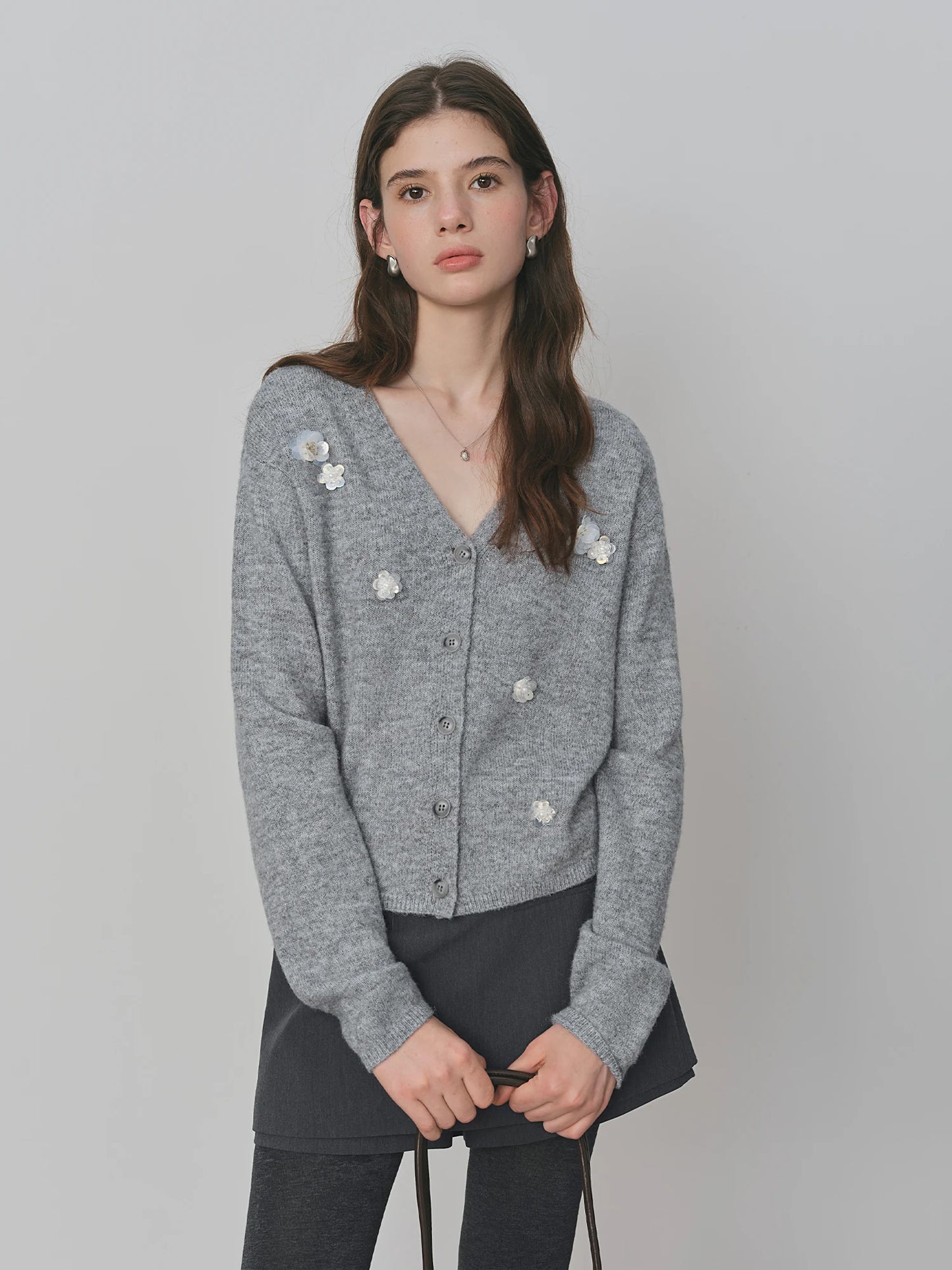 Grey Floral Beaded V Neck Cardigan