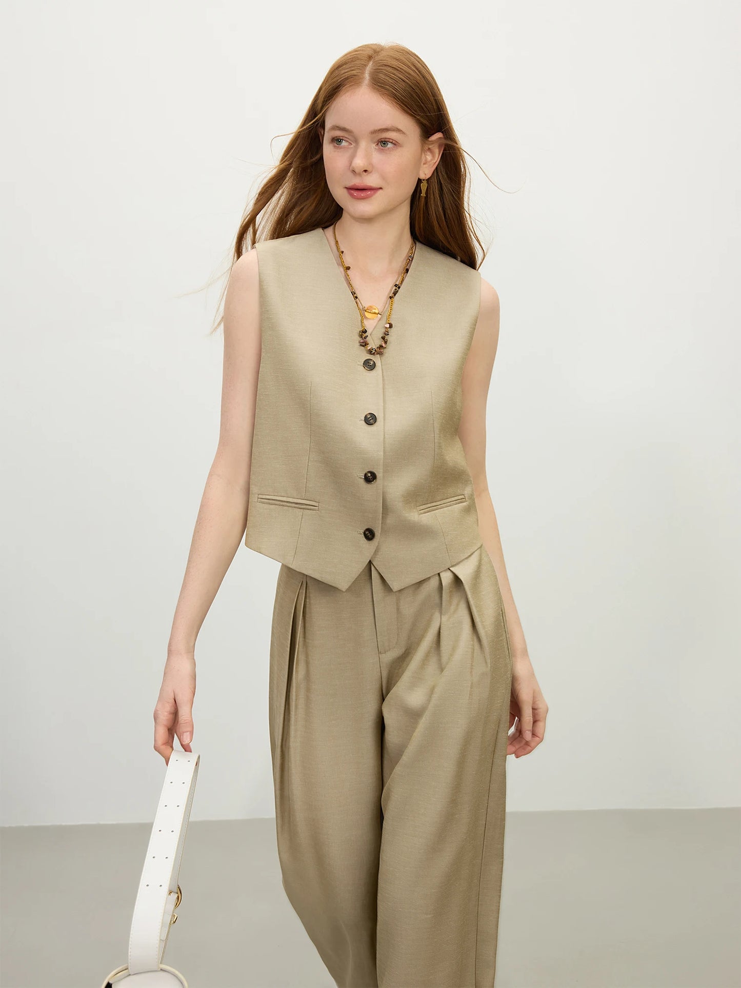 Khaki Pleated Wide Leg Suit Pants