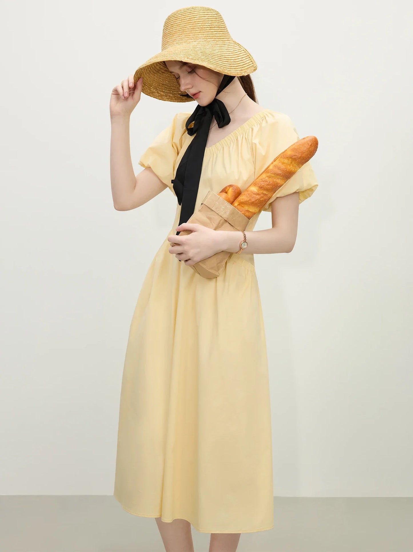 Butter Yellow Puff Sleeve Midi Dress