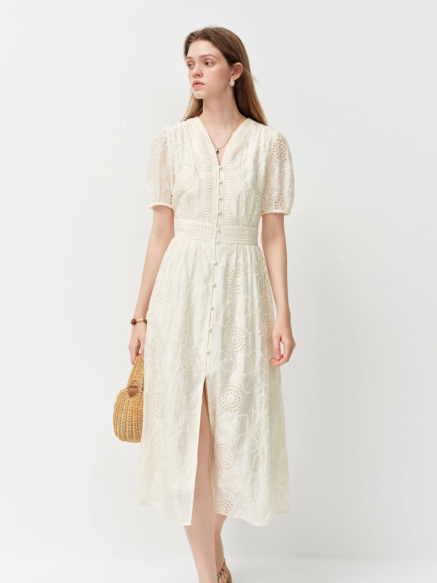 Ivory Eyelet V-Neck Midi Dress