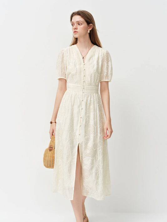 Ivory Eyelet V-Neck Midi Dress