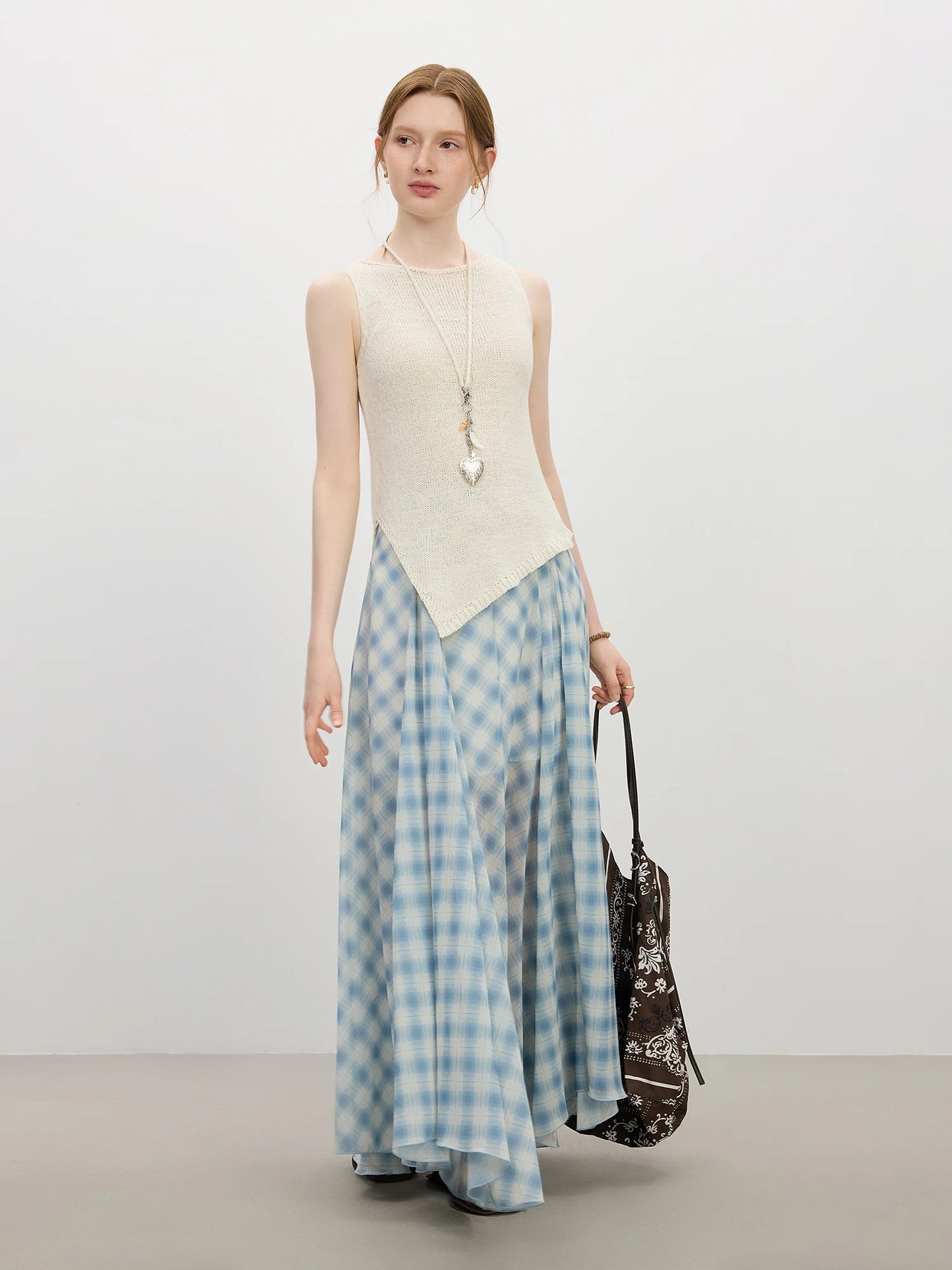 Beige Plaid Bias Cut Maxi Skirt