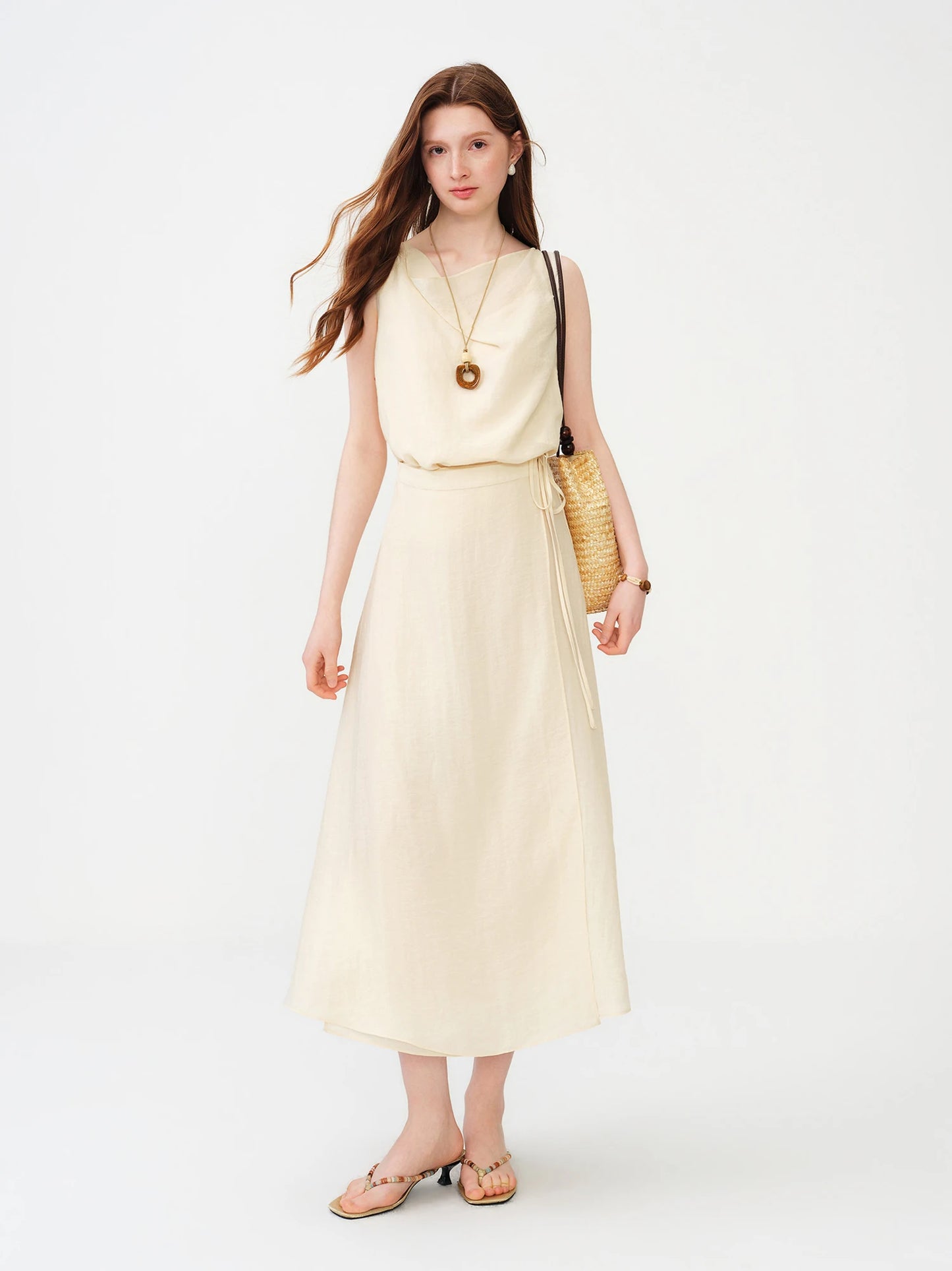 Ivory Draped Sleeveless Midi Dress
