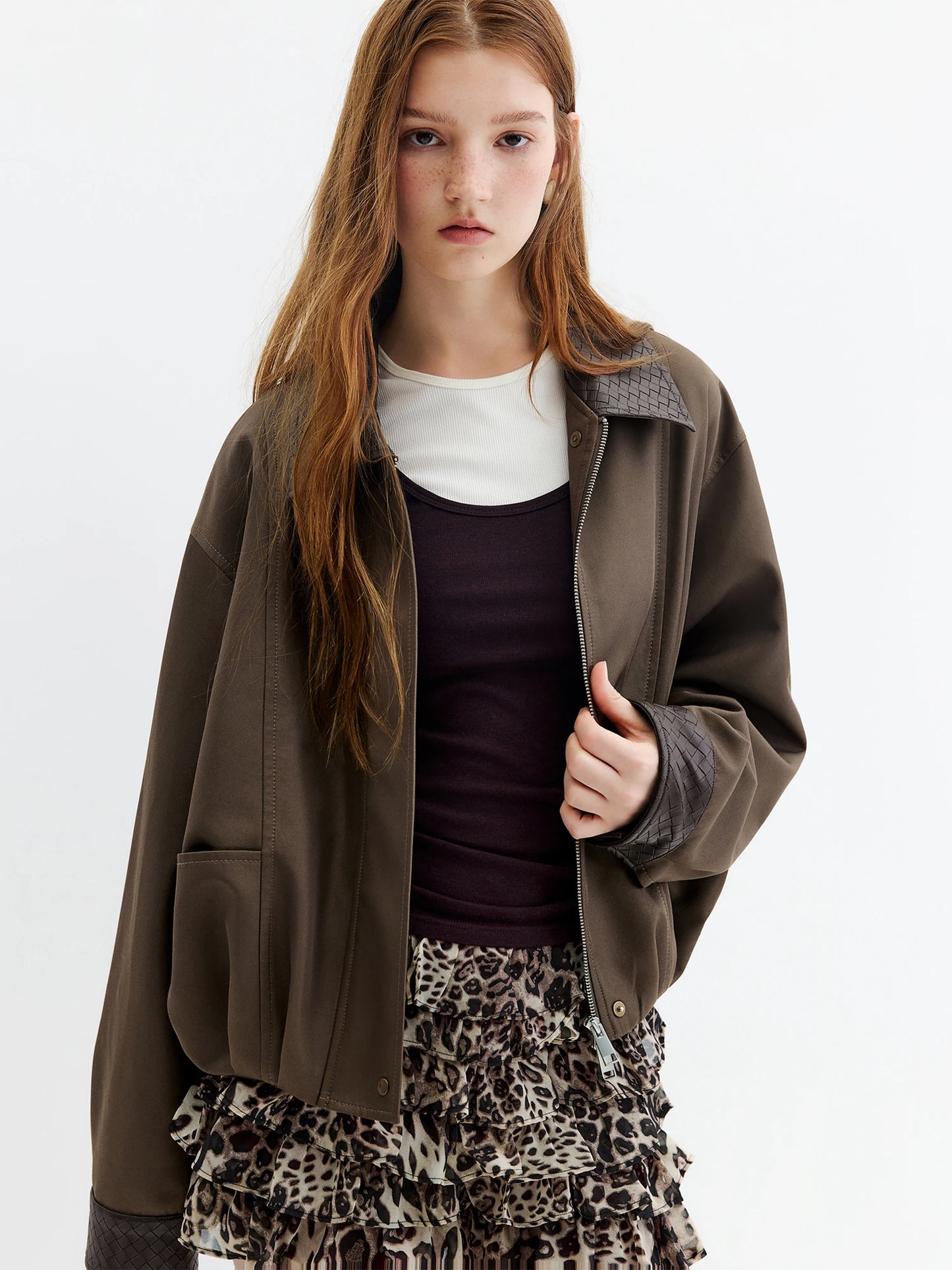 Brown Contrast Collar Bomber Jacket